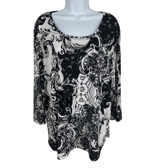 Chicos Black & White Baroque Print Long Sleeve Scoop Neck Tunic Top Size 3 US XL - Picture 1 of 9